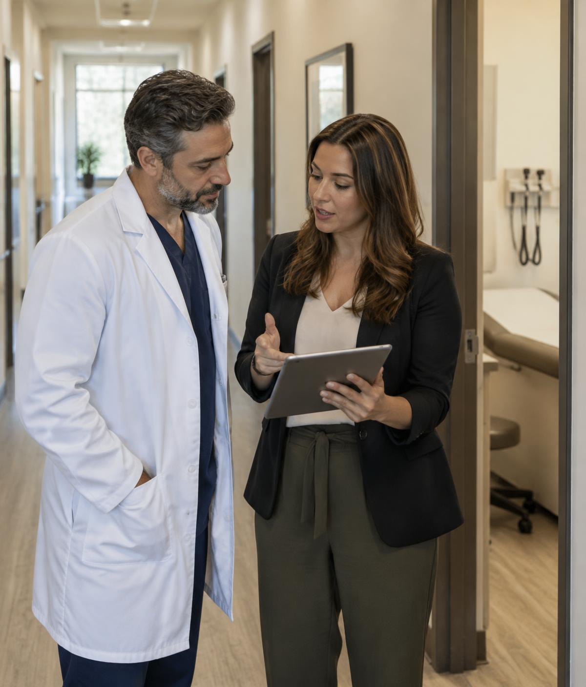 Illustrative photo: physician and practice manager reviewing clinic operations