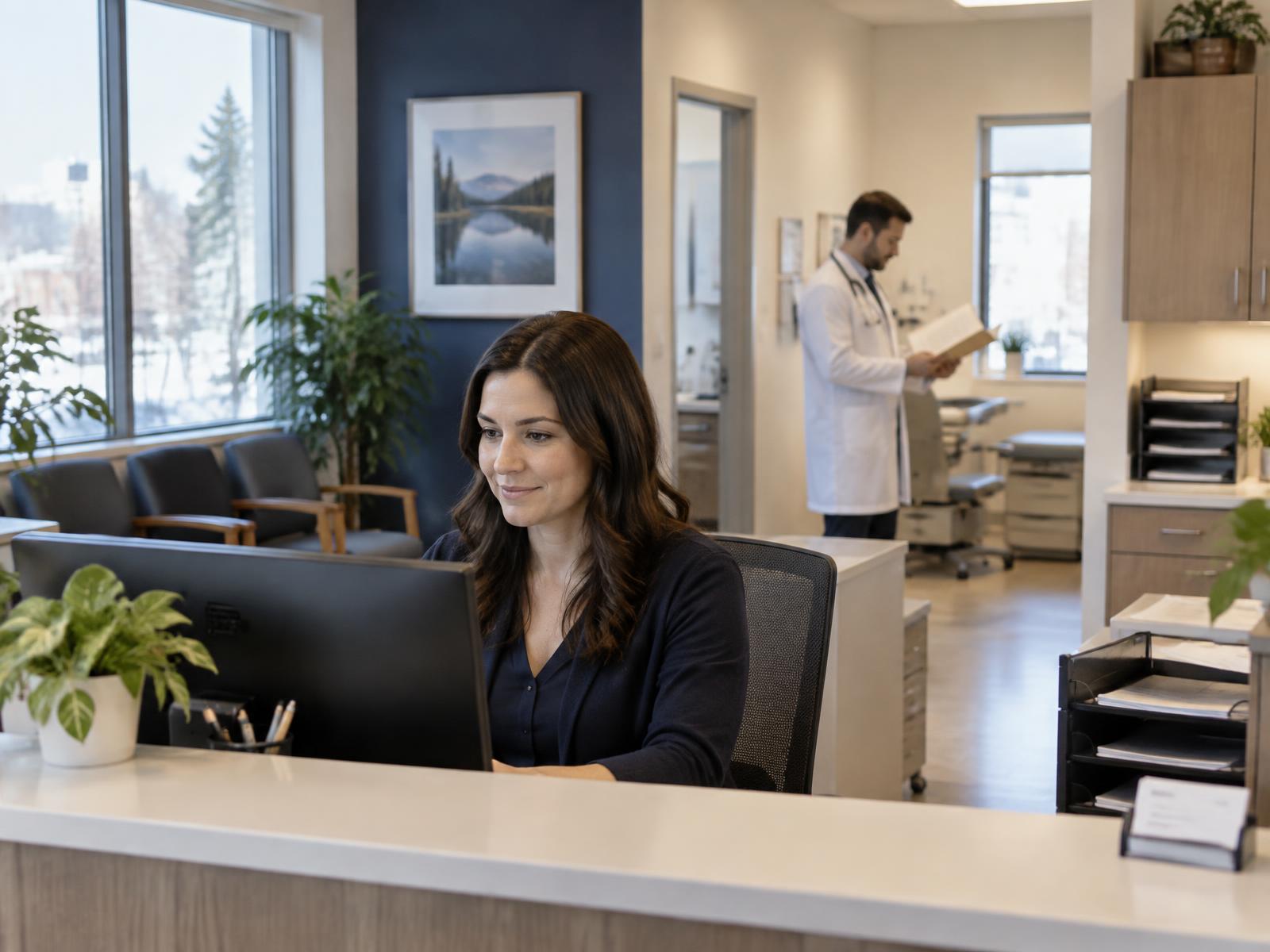 Illustrative photo: clinic administrator at a front desk with a physician reviewing a chart